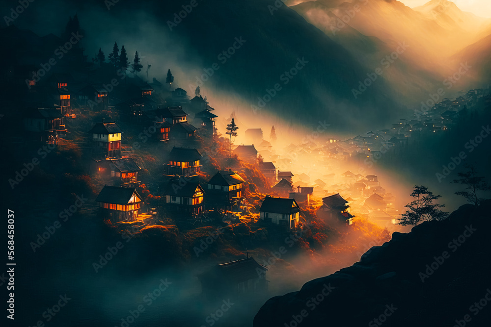 A picturesque village nestled in the mountains, illuminated by the morning light organized and filed, sparse, expansive nothingscape