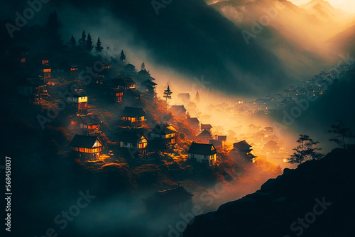 A picturesque village nestled in the mountains, illuminated by the morning light organized and filed, sparse, expansive nothingscape