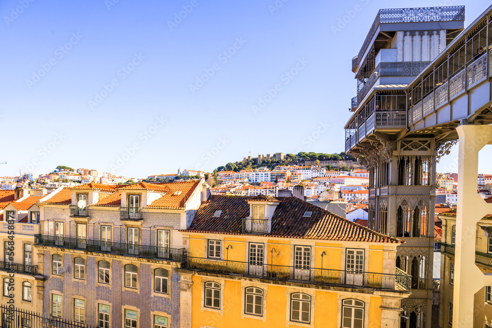 Santa Justa Elevator in Lisbon. Historic elevator with viewing platform of the city of Lisbon, old houses, narrow streets historic old town Portugal. simply a great city