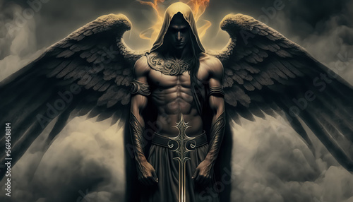 Dark warrior angel with medieval sword before the fight. fantasy background. digital ai art 