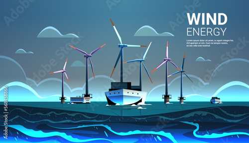 offshore wind farm with turbines and ship in sea or ocean renewable water station energy production alternative power generation
