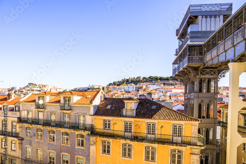 Santa Justa Elevator in Lisbon. Historic elevator with viewing platform of the city of Lisbon, old houses, narrow streets historic old town Portugal. simply a great city #568458873