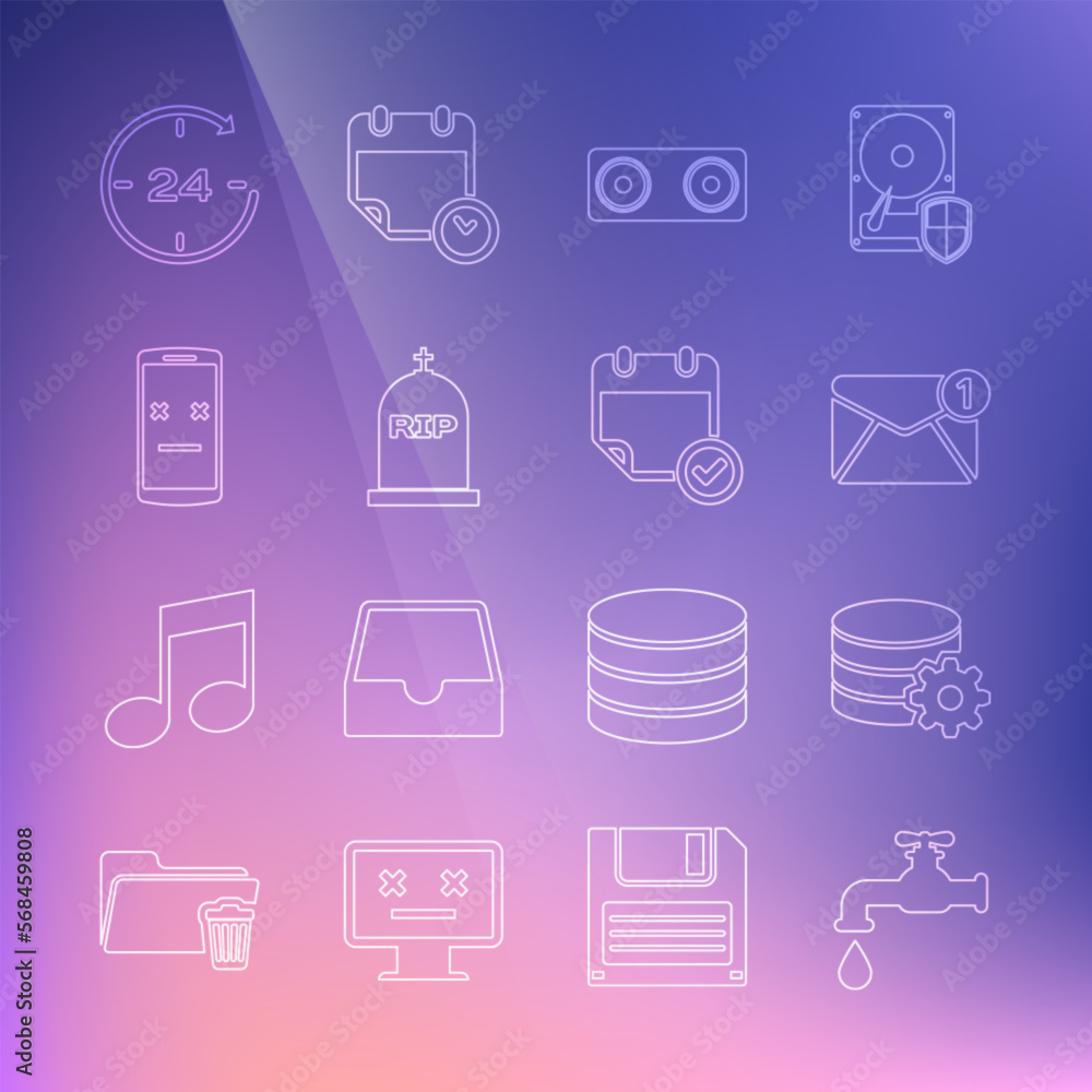 Set line Water tap, Setting database server, New, email incoming message, Stereo speaker, Tombstone with RIP written, Dead mobile, Clock 24 hours and Calendar check mark icon. Vector Set line Water tap, Setting database server, New, email incoming message, Stereo speaker, Tombstone with RIP written, Dead mobile, Clock 24 hours and Calendar check mark icon. Vector