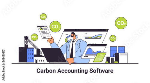 carbon credit accounting software businessman analyzing statistic data graphs responsibility of co2 emission environment strategy
