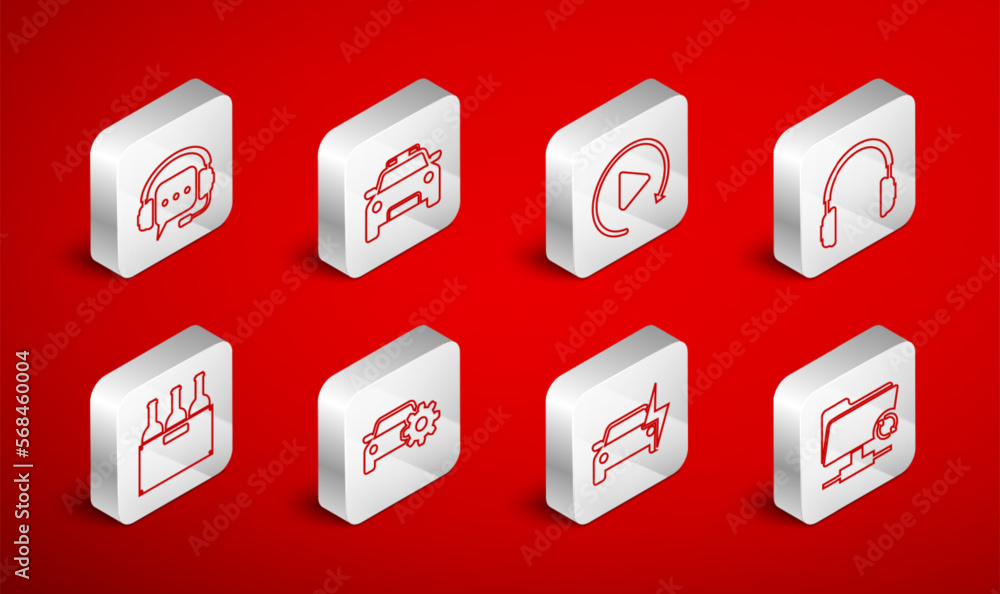 Set line FTP sync refresh, Police car and flasher, Video play button, Headphones, Electric, with speech bubble, Car service and Bottles of wine in box icon. Vector Set line FTP sync refresh, Police car and flasher, Video play button, Headphones, Electric, with speech bubble, Car service and Bottles of wine in box icon. Vector