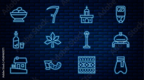Set line Cossack pants, Bread and salt, Church building, Chestnut leaf, Vodka with pepper glass, Varenyky bowl, Monument of Independence and Scythe icon. Vector
