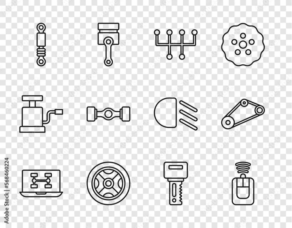 Set line Diagnostics condition of car, Car key with remote, Gear shifter, wheel, Shock absorber, Chassis, and Timing belt kit icon. Vector Set line Diagnostics condition of car, Car key with remote, Gear shifter, wheel, Shock absorber, Chassis, and Timing belt kit icon. Vector