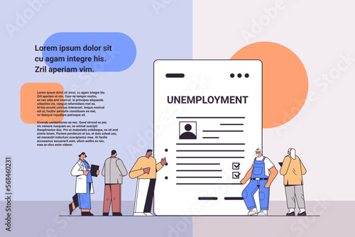 people of different occupations filling unemployment benefit form workers compensation paper work crisis concept
