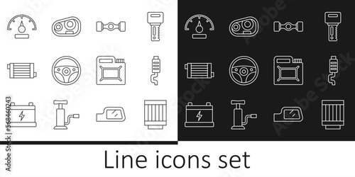 Set line Car air filter, muffler, Chassis car, Steering wheel, radiator cooling system, Speedometer, Canister for motor oil and headlight icon. Vector