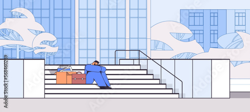 depressed businessman in despair sitting on stairs dismissed business man with things unemployment crisis concept