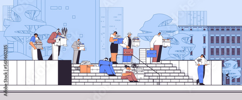 fired employees or businesspeople with things on staircase dismissal unemployment jobless employee job reduction