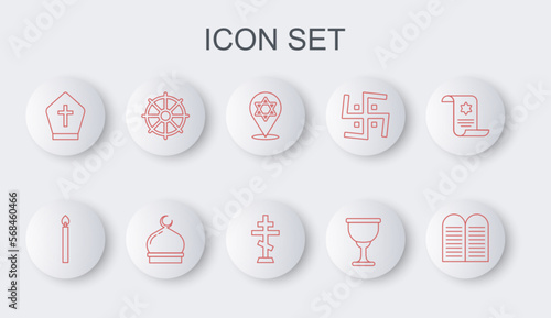 Set line The commandments, Burning candle, Star of David, Holy grail or chalice, Pope hat, Dharma wheel, Muslim Mosque and Christian cross icon. Vector