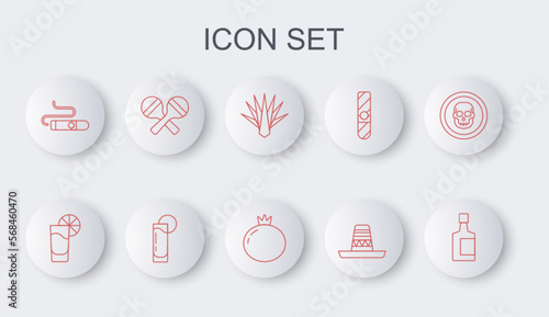 Set line Tequila bottle, glass with lemon, Agave, Mexican sombrero, Cigar, Maracas, and Tomato icon. Vector