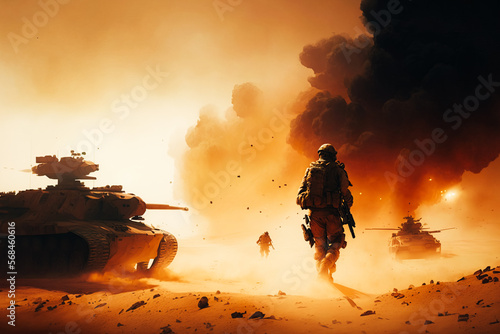 An intense desert storm operation in progress with soldiers engaging in close combat