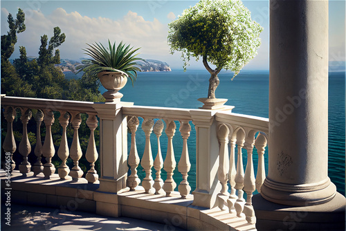Fotótapéta terrace with stone balustrade overlooking a coastal landscape, generative AI