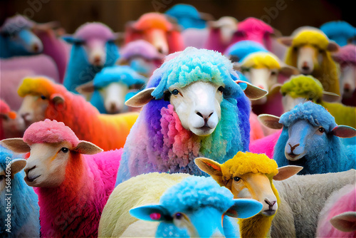 Herd of multicolored sheep ...