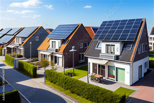 Residential development with houses equipped with solar panels on the roofs, generative AI