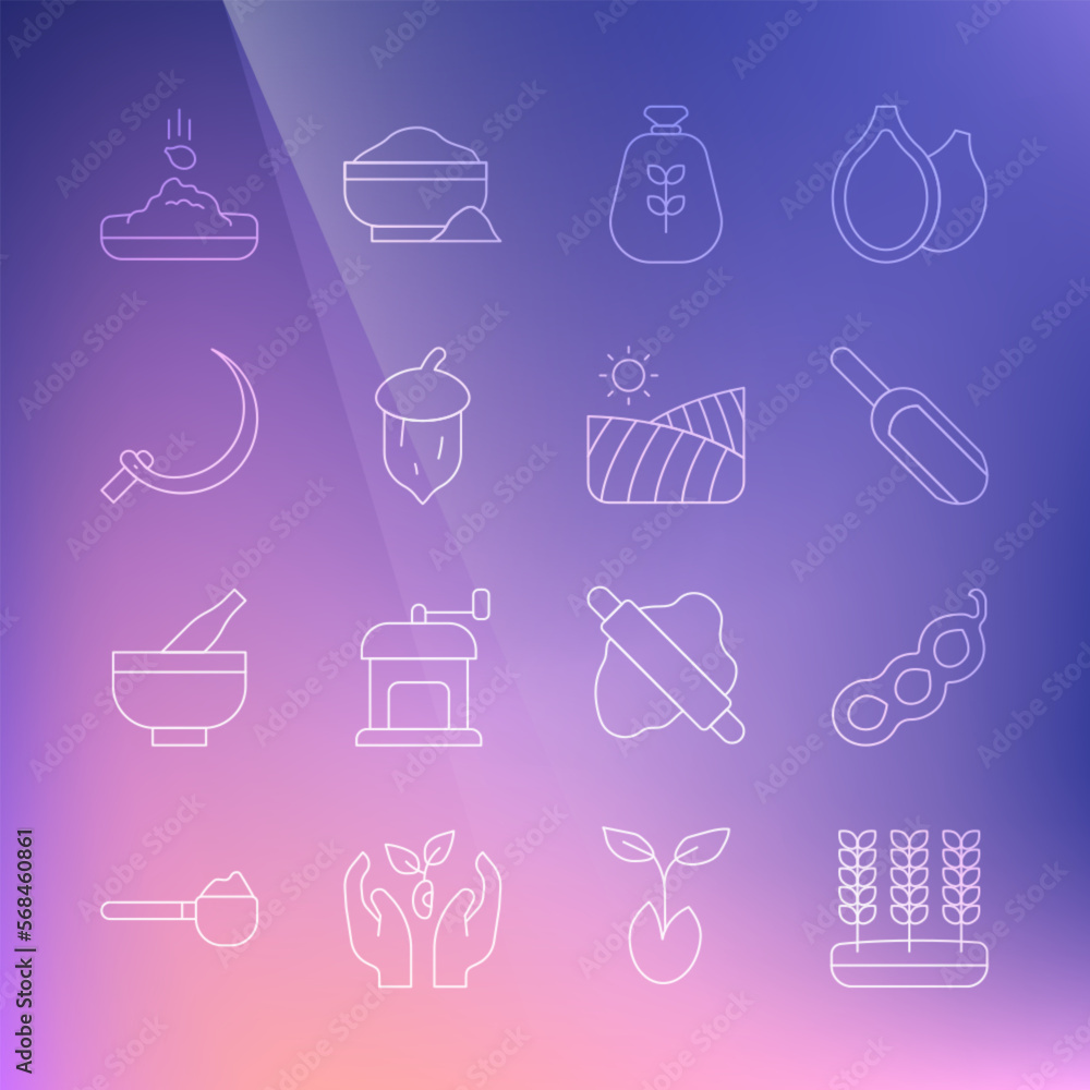 Set line Wheat, Green peas, Scoop flour, Bag of, Acorn, oak nut, seed, Sickle, Seed and Agriculture wheat field icon. Vector Set line Wheat, Green peas, Scoop flour, Bag of, Acorn, oak nut, seed, Sickle, Seed and Agriculture wheat field icon. Vector