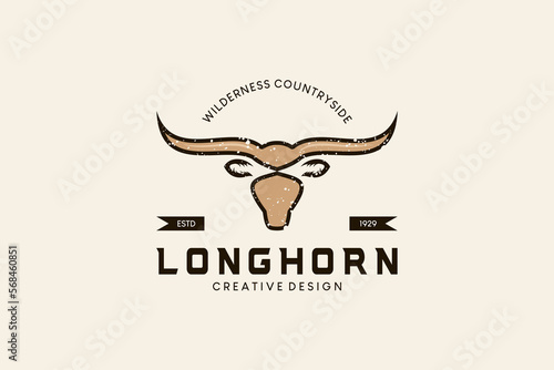 Vintage texas longhorn symbol logo design, long horned cow vector illustration