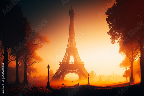 The iconic Eiffel Tower is illuminated by the early morning sun