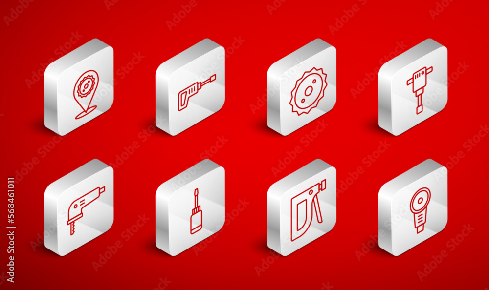 Set line Angle grinder, Rotary hammer drill machine, Circular saw blade, Construction jackhammer, stapler, Screwdriver and Electric jigsaw icon. Vector Set line Angle grinder, Rotary hammer drill machine, Circular saw blade, Construction jackhammer, stapler, Screwdriver and Electric jigsaw icon. Vector