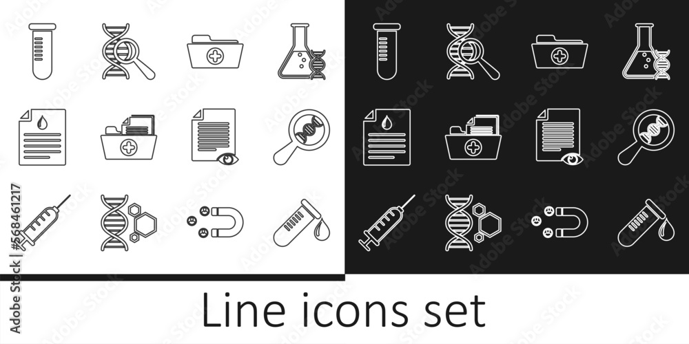 Set line Test tube with drop of blood, DNA research, search, Health record folder, Clipboard test, flask, Paper page eye and icon. Vector