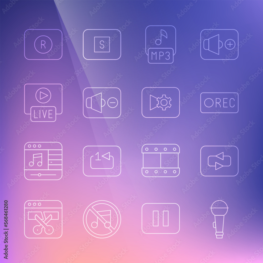 Set line Microphone, Repeat button, Record, MP3 file, Speaker mute, Live stream, and Music video settings icon. Vector Set line Microphone, Repeat button, Record, MP3 file, Speaker mute, Live stream, and Music video settings icon. Vector