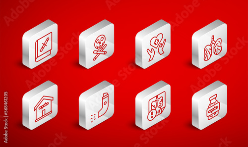 Set line Nicotine gum in blister pack, Bones and skull, Heart with cross, Disease lungs, Book stop cigarette, Inhaler and No smoking at home icon. Vector