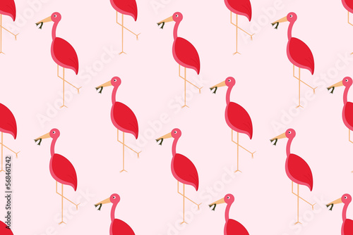 Seamless pattern with pink flamingo on tender viva magenta background. Tropical bird with frog in the beak. Endless backdrop with wild birds. Wallpaper and bed linen print. Marketing material.