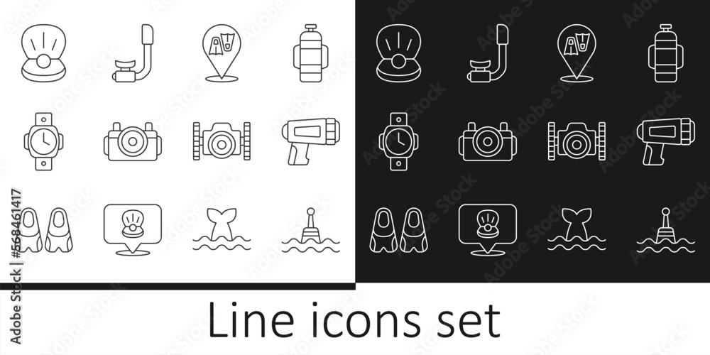 Set line Floating buoy, Flashlight for diver, Flippers swimming, Photo camera, Diving watch, Pearl, and Snorkel icon. Vector