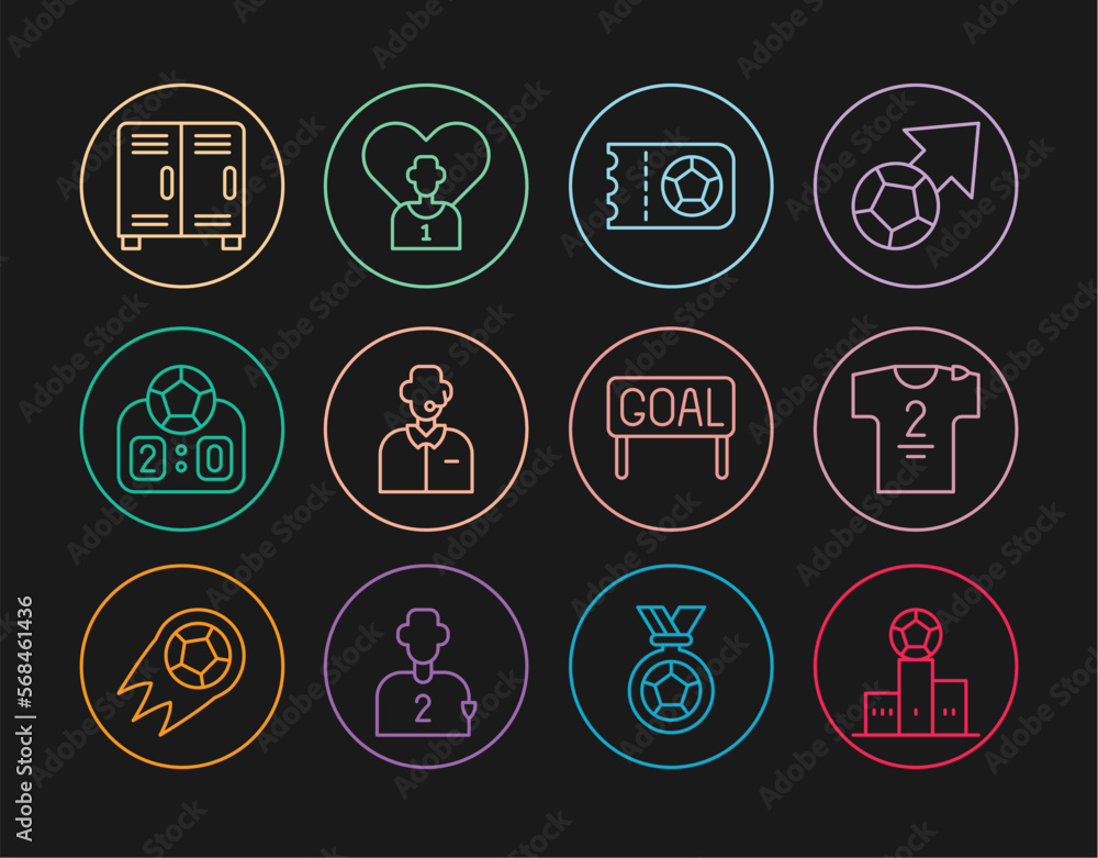 Set line Award over sports winner podium, Football jersey and t-shirt, soccer ticket, commentator, Sport mechanical scoreboard, Locker changing room, Goal football and player icon. Vector Set line Award over sports winner podium, Football jersey and t-shirt, soccer ticket, commentator, Sport mechanical scoreboard, Locker changing room, Goal football and player icon. Vector