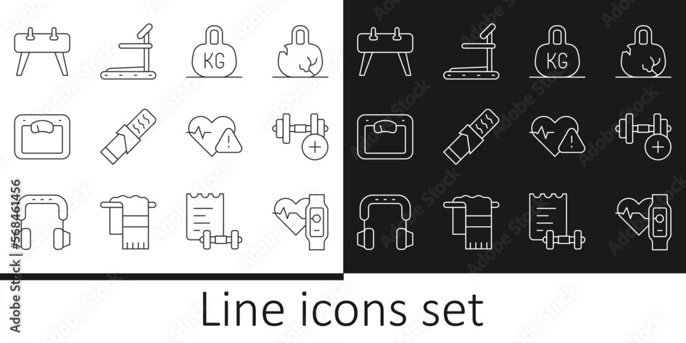 Set line Smart watch with heart, Dumbbell, Weight, Protein sport bar, Bathroom scales, Pommel horse, Heart rate and Treadmill machine icon. Vector
