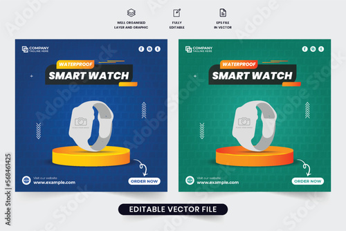 Modern watch sale social media post vector for a store promotion. Wristwatch advertisement web banner design with podium and photo placeholders. Waterproof smartwatch promotional poster design.