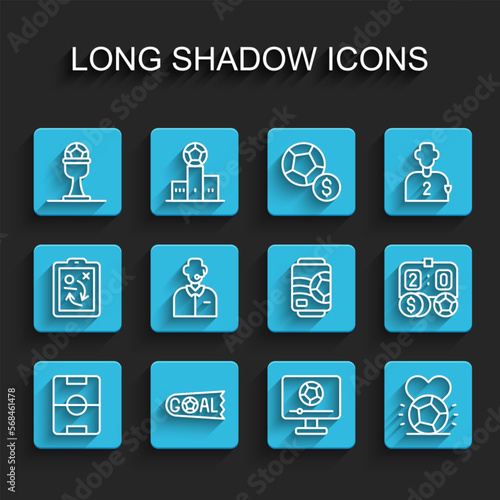 Set line Football field, Goal soccer football, Award cup and, match on TV, Soccer, or commentator, betting money and Beer can icon. Vector