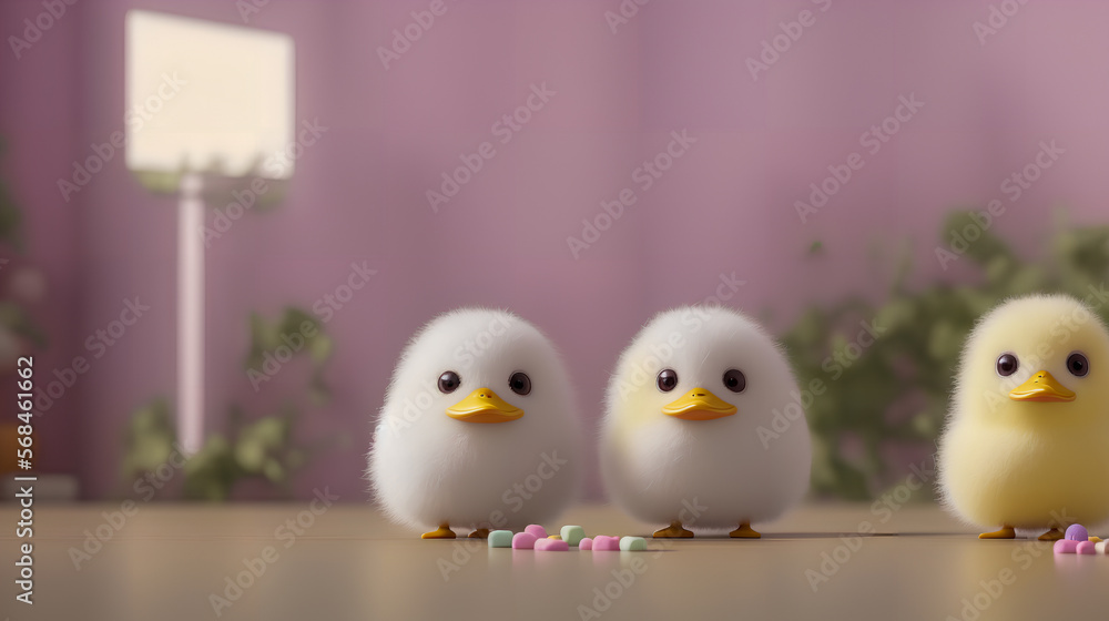 3D rendered chickens standing in a line in a room, candy, fluffy white and cute animals,  made with generative AI