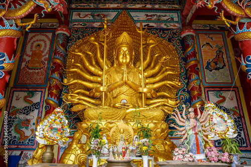 Wiset Chai Chan District Ang Thong Province, Thailand - August 20, 2022 : Statue of Goddess of Mercy with a Thousand Golden Hands at Wat Muang temple