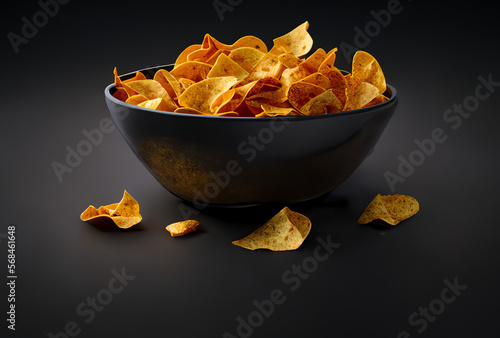 chips in a bowl, bowl of chips, isolated on black, generative ai