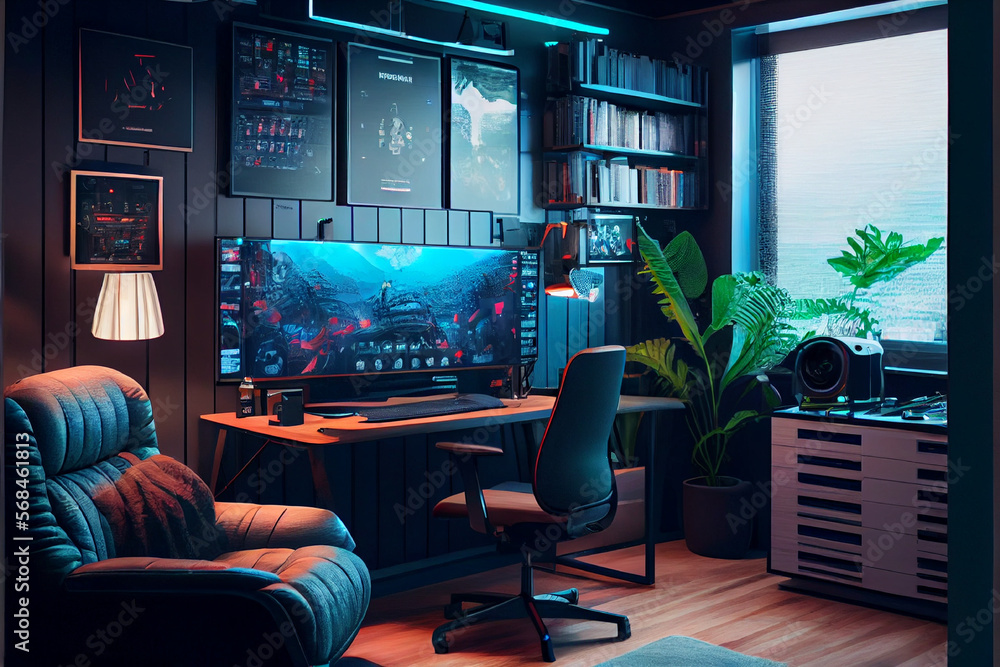 Interior of a cyberpunk colorful streaming and gaming studio for ...