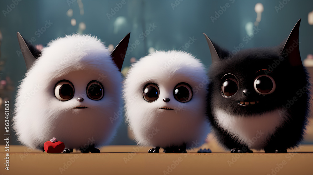 Obraz premium 3D rendered three fluffy cute happy and quirky bats, made with generative AI