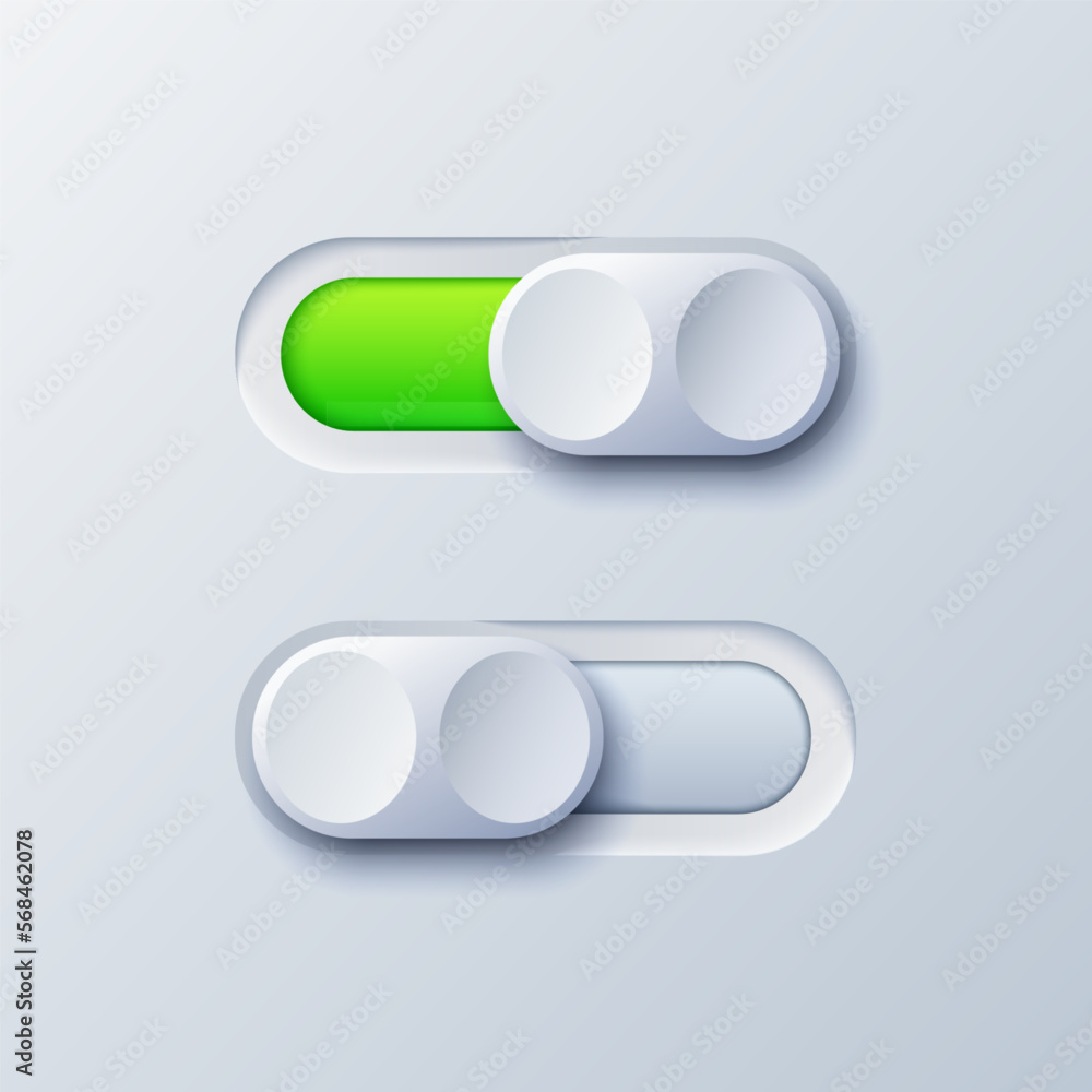Realistic toggle switch buttons icon. On and off. Green and gray switch
