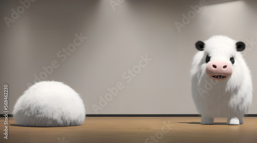 cute long fur baby cow calves seating in a white room, 3D rendered, made with generative AI