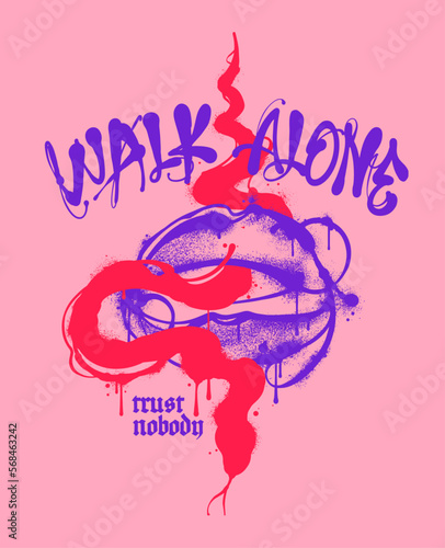 Graffiti style illustration of the slogan Walk alone in graffiti handwriting, featuring a lip and snake design