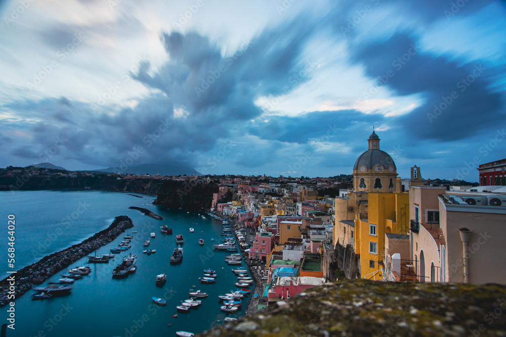 Beautiful fishing village, Marina Corricella on Procida Island, Bay of Naples, Italy.