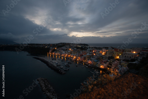 Beautiful fishing village at night, Marina Corricella on Procida Island, Bay of Naples, Italy. © erika8213