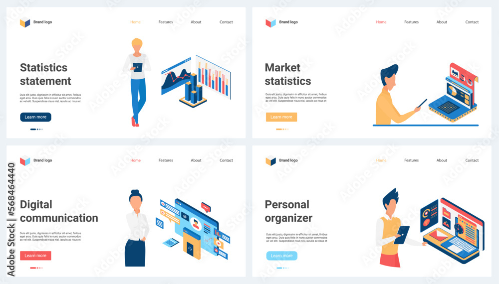 Market statistics, statement and personal organiser, digital communication set vector illustration. Cartoon tiny people research financial data charts and trends, plan business projects online