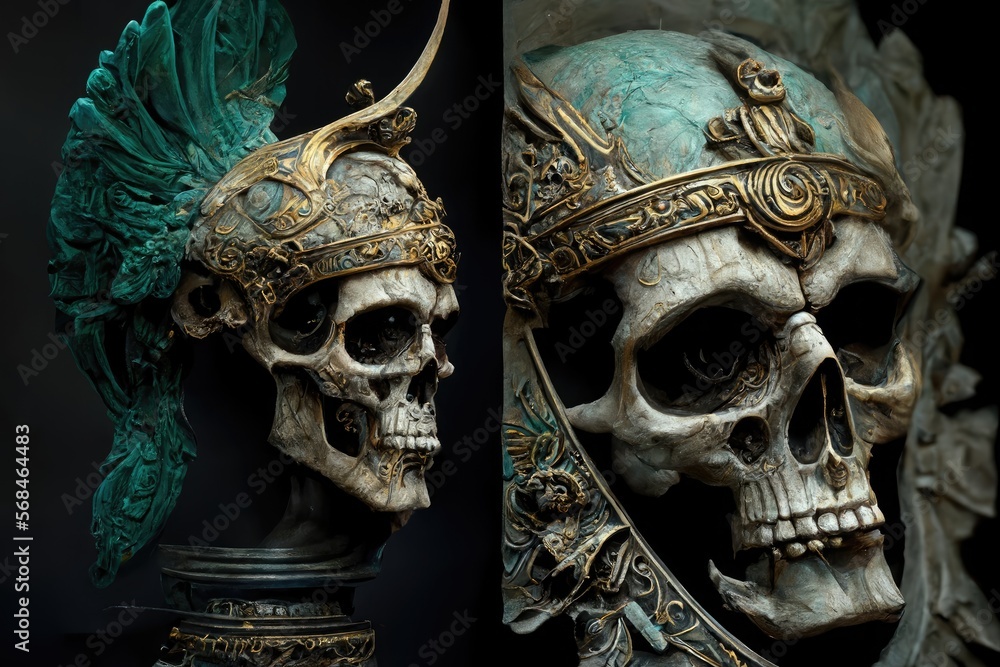 Fusion of skull and antique greek statue. Ancient design. Generative AI