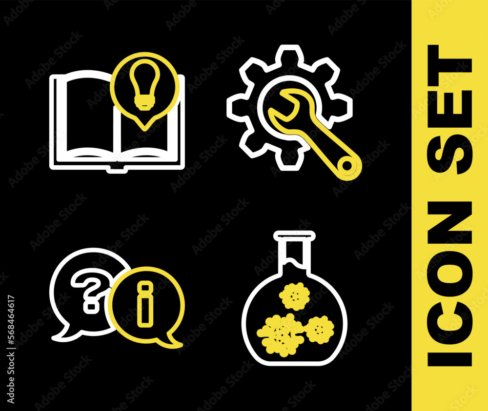 Set line Wrench and gear, Test tube with virus, Question Exclamation and Interesting facts icon. Vector Set line Wrench and gear, Test tube with virus, Question Exclamation and Interesting facts icon. Vector