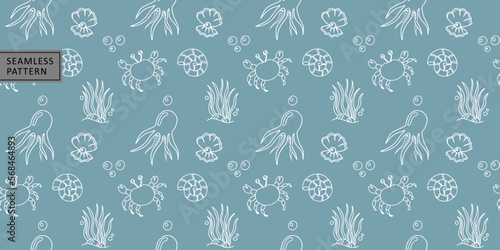Childish vector seamless marine pattern with crabs, clams, shells, octopus, algae for children's textiles, wrapping paper, covers and backgrounds