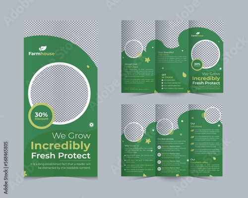 Organic Farming Tri Fold brochure template or agriculture farming brochure template vector layout, Green Environment flyer template design organic product trifold brochure template