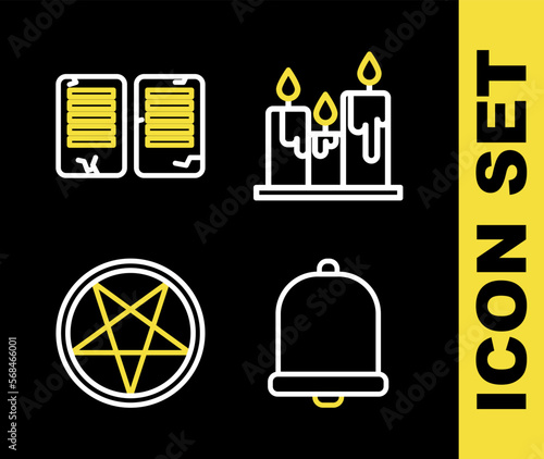 Set line Burning candles, Church bell, Pentagram circle and The commandments icon. Vector